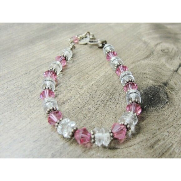 925 Sterling Silver Bracelet Pink and White Glass Beads - Picture 4 of 8